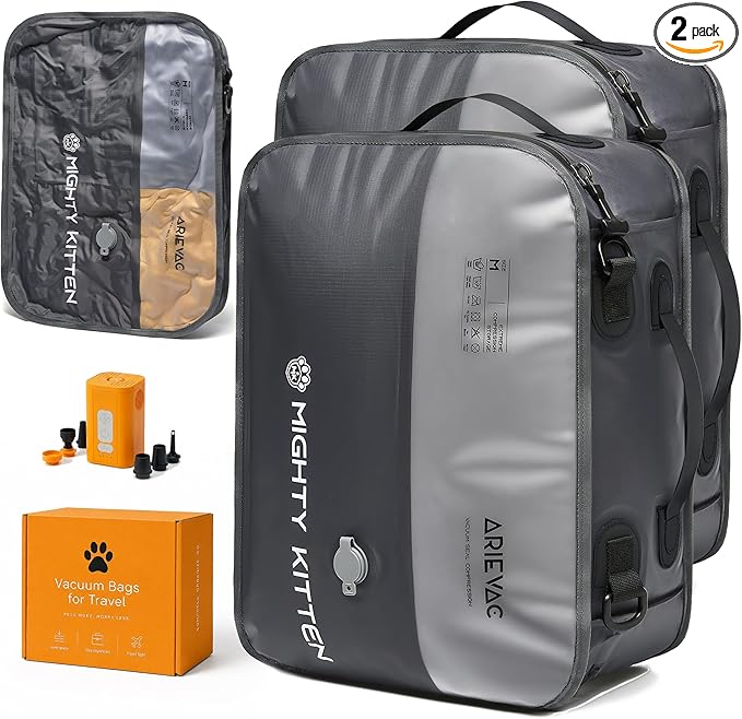 IKYWT Travel Vacuum Seal Bag with Pump, 21L Compression Packing Cube Kit with 270° Zipper, Reusable Waterproof Vacuum Storage for Carry-On & Small Checked Luggage (2-Pack)