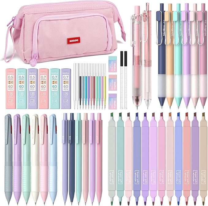 Nicpro 52PCS Aesthetic School Supplies with Cute Pencil Case, 12 Color Pastel Highlighter, 8 Gel Pens, 6 Multicolor Pen, 6 Mechanical Pencils 0.5 & 0.7 mm for Girls Student Stationary Set Preppy Stuff