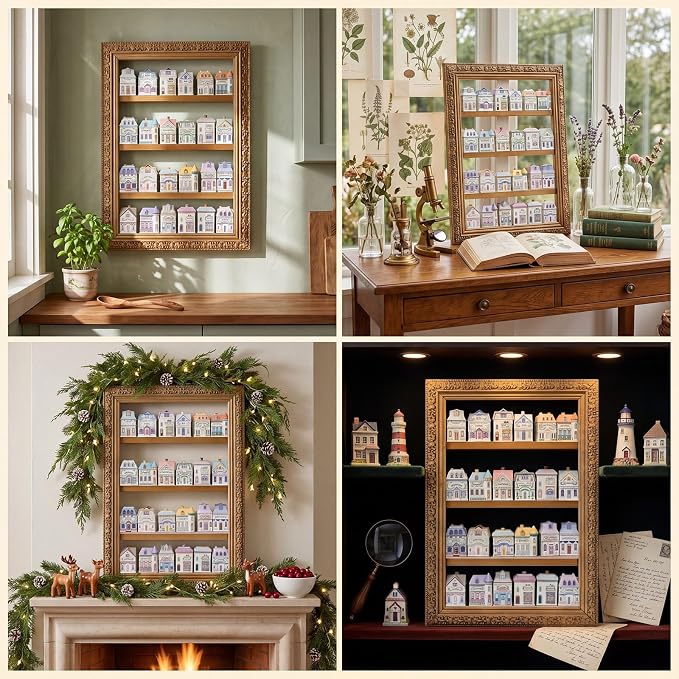 Chunful Vintage Wooden Spice Rack for 24 Jars Gold Ornate Frame Village Style Hanging Spice Shelf Wall Mounting Kitchen Storage Display Shelf Holiday Decorative Kitchen Decoration