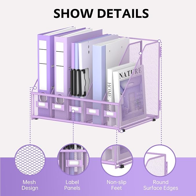 5 Vertical Compartments Magazine Holder, Metal Binder Organizer, Purple | Space-Saving Desktop Storage, Built-In Label Holders, Anti-Slip Feet, Sized for Binders, Folders, Magazines and Files