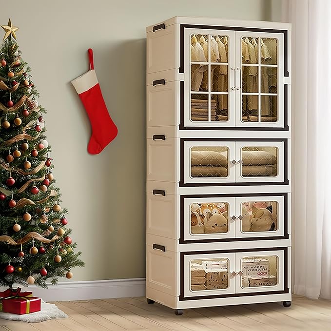 SunSettler Collapsible Storage Bins with Lids, Folding Storage Cabinets with Doors, Stackable Organizers Cabinets, Closet Organizers and Storage for Home, Dorm (3+1 Transparent Plus)