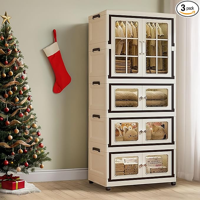 SunSettler Collapsible Storage Bins with Lids, Folding Storage Cabinets with Doors, Stackable Organizers Cabinets, Closet Organizers and Storage for Home, Dorm (3+1 Transparent Plus)