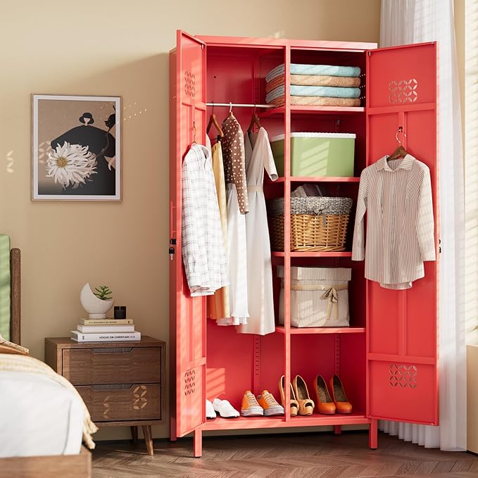 METAN 71" H*33.5" W*20" D Metal Wardrobe Closet with Lock,Extra Deep 2 Doors Metal Wardrobe Cabinet for Home,Assembly Required,Red