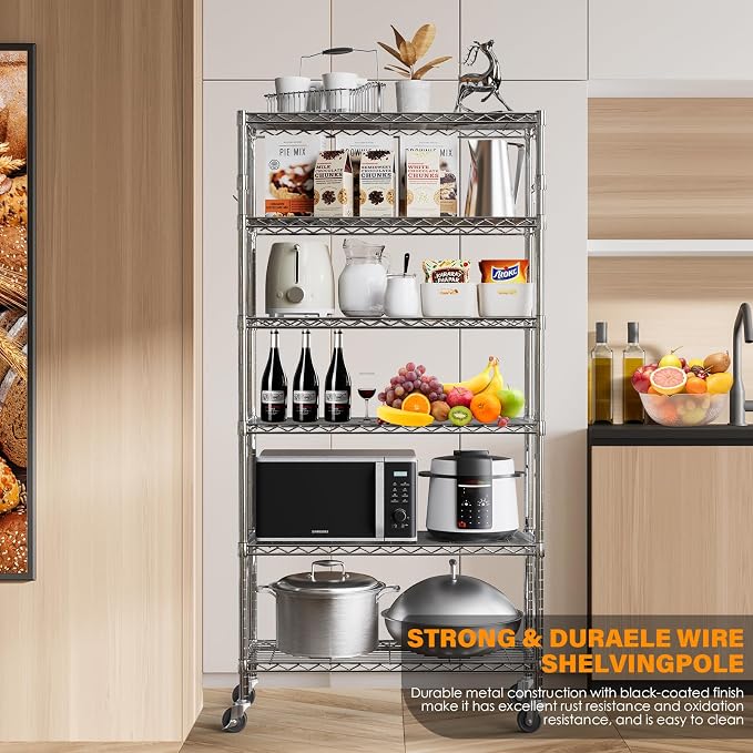 YNN Storage Shelves,6000Lbs 6 Tier Heavy Duty Metal Rolling Shelving Unit with Wheels & 8 Hooks, Adjustable Garage Wire Rack for Kitchen, Bathroom,Industrial,Pantry(36" W x 14" D x 72" H, Chrome)