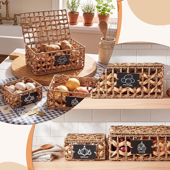 Blushtier Set of 3 Kitchen Vegetable Storage Potato Onion Garlic Storage Bins with Lid and Label, Handwoven Wicker Pantry Organizer Keeper Containers Baskets for Countertop Cabinet Farmhouse Decor