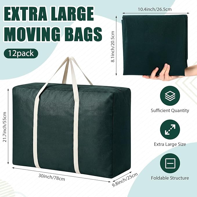 Sadnyy 12 Pack Extra Large Moving Bags Bulk with Carrying Handles & Zipper 32 Gal /120 L Reusable Waterproof Packing Bags Foldable Storage Organizer for Clothes, Bedding, Comforters(Green)