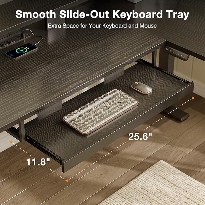 Casaottima 59" L Shaped Electric Standing Desk with Drawers, Black | Monitor Stand, Keyboard Tray, Fabric Drawer, Power Outlets, Height Adjustable Corner Stand Up Desk for Organized Home Office