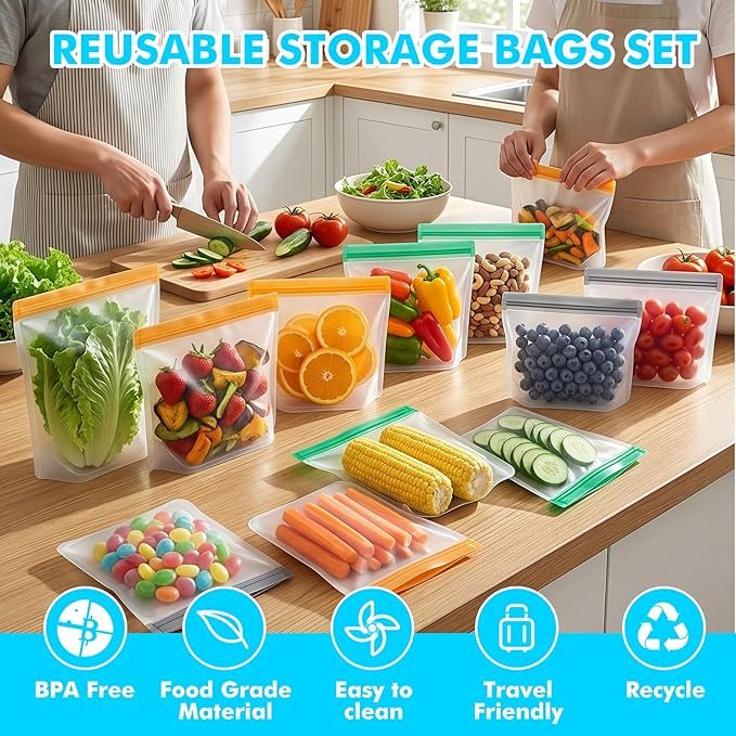 10Pack Reusable Freezer Bags,Leakproof Reusable Food Storage Bags BPA Free Healthy Food Storage Contaizers, Gallon Freezer Bags for Meal Prep Food Storage Home Fridge Kitchen Organization
