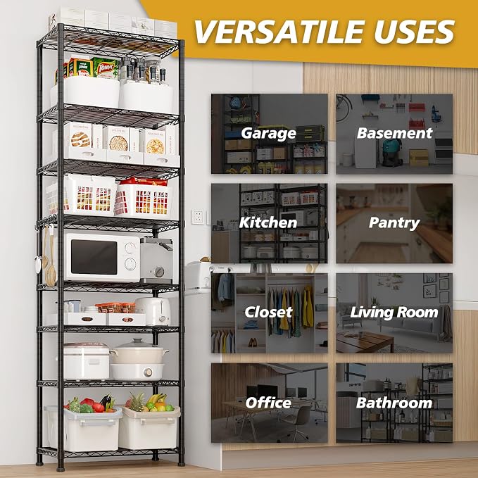 Karl home Segmentable 8-Tier Storage Shelving, Adjustable Metal Shelves Wire Storage Rack for Garage Kitchen Basement,1600LBS Capacity 78.74" H X 23.62" W X 13.78" D,Stainless S Hooks,Black