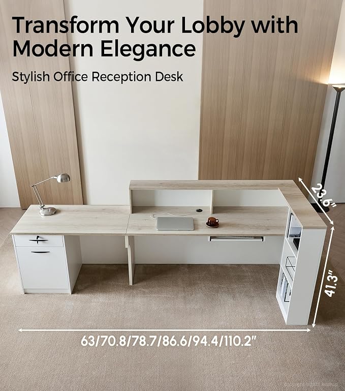 Modern L-Shaped Reception Desk with Counter - 110 Inches Front Desk with Storage Cabinet, Open Shelves, Lockable Drawer & Keyboard Tray for Office, Lobby, Checkout (Oak & Warm White - Right)