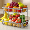 Sakugi Fruit Basket for Kitchen Counter - 2-Tier Fruit Bowl with Removable Banana Hanger & Handles, Rustproof Fruit Holder for Kitchen, Living Room, Bathroom, 13.4"×8.7"×11.7", Silver
