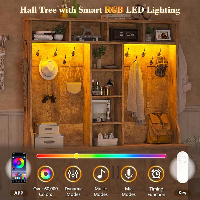 CSZZD Hall Tree with Bench and Shoe Storage, Farmhouse Entryway Bench with Coat Racks and Led Lights, Large Hall Tree with 12 Coat Hooks, 8 Storage Cubbies, Adjustable Shelf