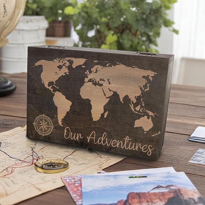 Engraved Adventure Memory Box – Wooden Keepsake Box for Travel Memories, Camping, Couples and Valentine’s Day, Rustic Storage, Medium Size, Dark Walnut – 8.5 x 6 x 3 in