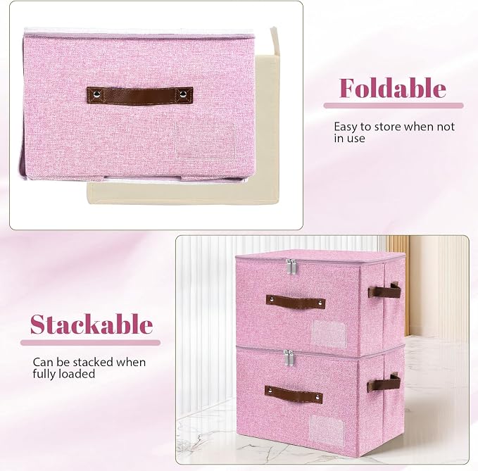 ANMINY Fabric Storage Box Bins with Zipper Lid, Washable Pink, 3PCS | Cotton Linen Fabric, PP Board Frame, Label Holder, Stackable & Foldable, PU Handles, Dual-Zipper 3-Side Open Lid, Medium