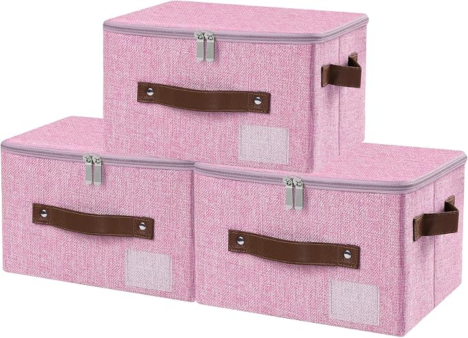 ANMINY Small Fabric Storage Box Bins with Zipper Lid, Washable Pink, 3PCS | Cotton Linen Fabric, PP Board Frame, Label Holder, Stackable & Foldable, PU Handles, Dual-Zipper 3-Side Open Lid