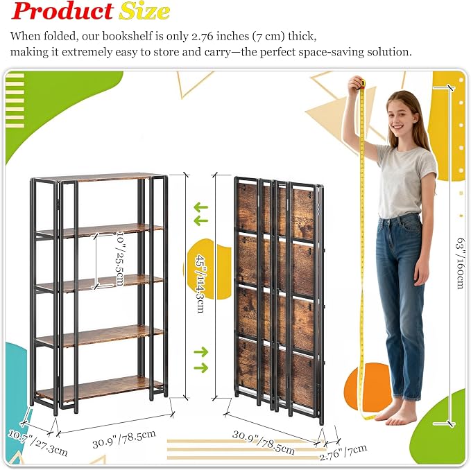 UDD 5 Tier Wide Folding Bookshelf No Tools Assembly, 45" H x 30.9" W, Foldable Book Shelf Vintage Collapsible Bookcase, Industrial Storage Shelves for Bedroom Office Living Room, Rustic Brown Black