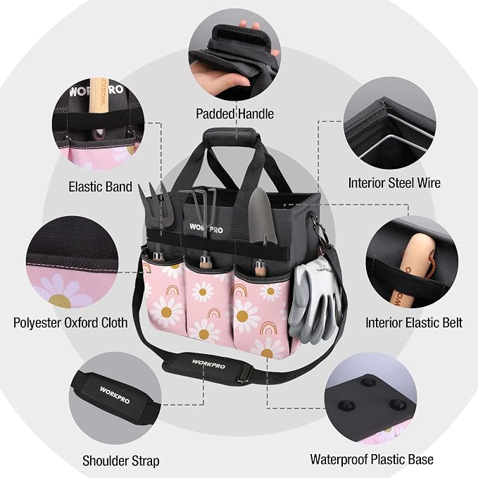 WORKPRO Garden Tool Bag, 10 Pockets and Shoulder Strap, Floral Pink | Heavy Duty Gardening Organizer Tote Bag Standable Garden Home Tool Kits Organizer - Pink Ribbon