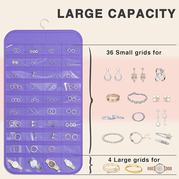 Double-Sided Hanging Jewelry Organizer for Necklaces Earrings 1-Pack Purple | Foldable 36 hooks & 40 clear pockets; swivel hook fits walls, doors & rods for earrings, bracelets, rings & small jewelry