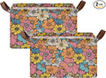 Retro Daisy Flower Storage Bins for Shelves with Labels&Handles Fabric Organizer Bin Vintage Floral Foldable Rectangle Storage Basket Orange Hippie Boxes for Closet, Home, Living Room, Laundry-2 PC