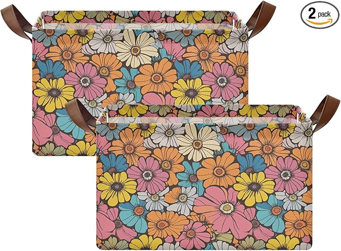 Retro Daisy Flower Storage Bins for Shelves with Labels&Handles Fabric Organizer Bin Vintage Floral Foldable Rectangle Storage Basket Orange Hippie Boxes for Closet, Home, Living Room, Laundry-2 PC