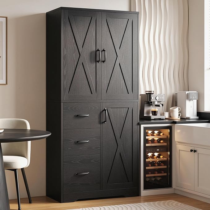 IRONCK Pantry Cabinet, 67.5 inch Tall Storage Cabinet with 3 Doors & Drawers, Farmhouse Kitchen Cabinet with Adjustable Shelves, 5 Tier Freestanding Cupboard for Kitchen, Black