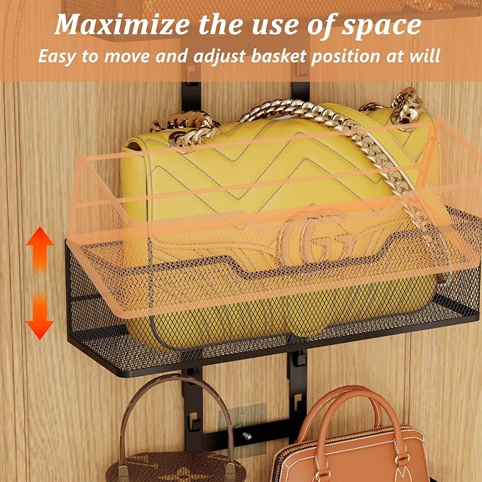 Dmevkic Purse Organizer Over The Door,Adjustable Durable Metal Purse Holder Handbag Purse Organizer for Closet with 5 Hooks Medium