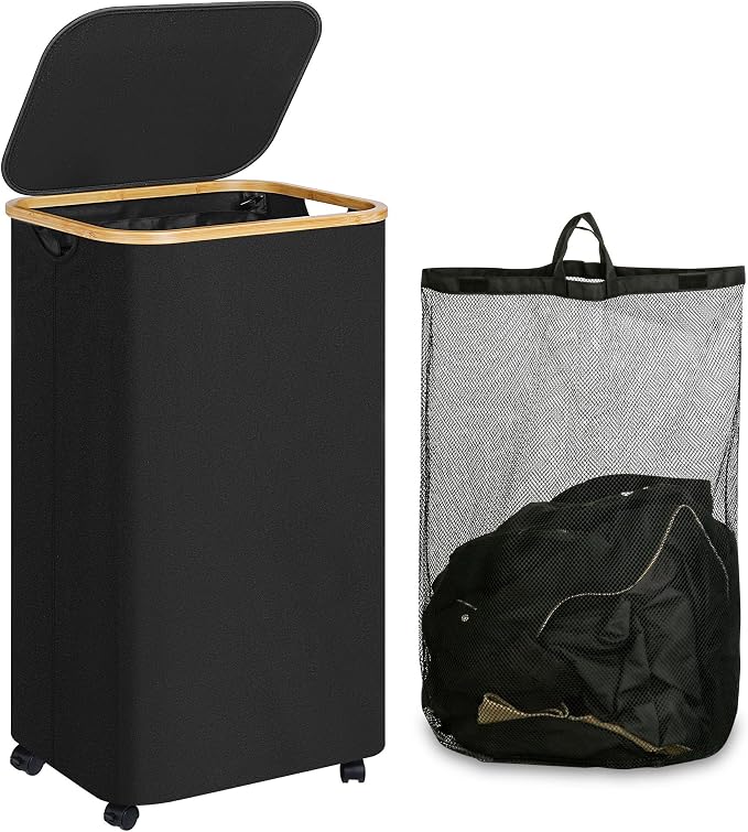 IEGrow Laundry Basket with Wheels 110L Clothes Hamper for Laundry,Black | Laundry Hamper with Lid and Bamboo Frame, for Laundry Room, Bedroom, Dormitory Storage