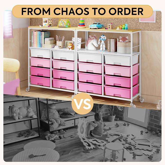 Rolling Cart with 8 Drawers,Storage Drawer Cart with Wooden Tabletop,Lockable Wheels Organizer for Homeschool, Arts & Crafts, Classroom, Office & Creative Spaces (Pink)