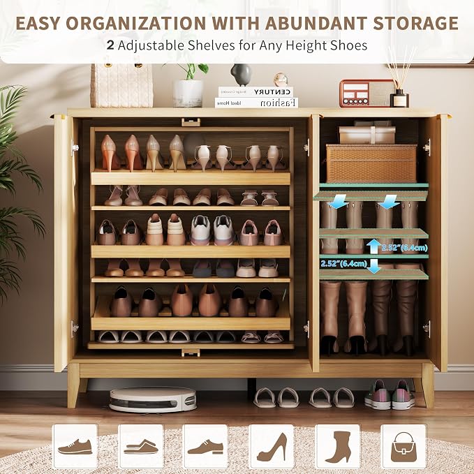 Vlsrka Shoe Storage Cabinet with Fluted Doors and Adjustable Shelves | 6 Tier Wooden Shoe Organizer, Large Capacity, Human Sensor Lighting, 180° Rotating, for Entryway, Hallway, Living Room, Wood