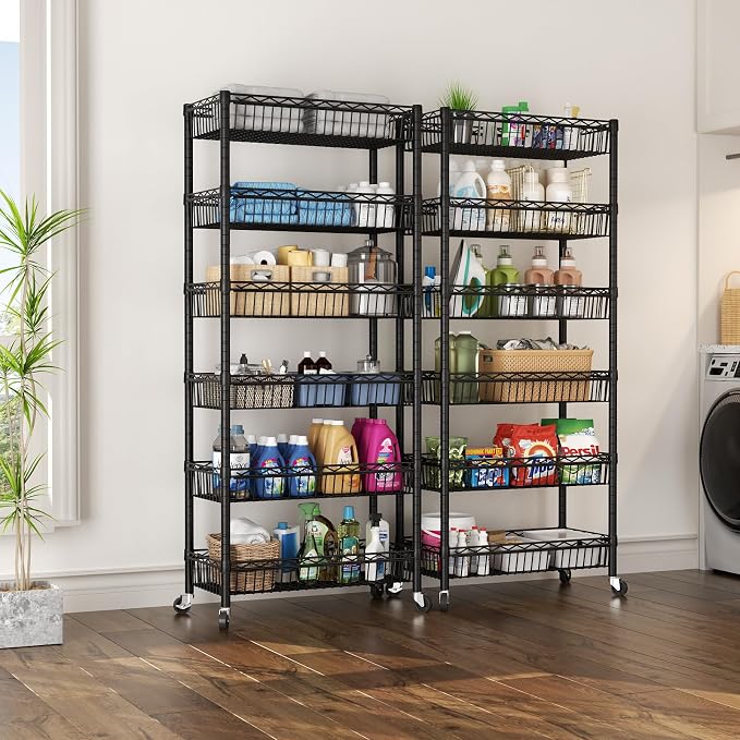 SINGAYE 6 Tier Shelf Wire Shelving Adjustable Storage Shelves Basket Rack | Adjustable Shelves with Wheels Metal Storage Unit Closet Bathroom Organizers Pantry Kitchen Garage Laundry Room Black