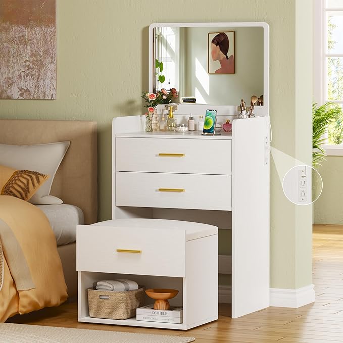 HUAHUU 3 in 1 Vanity Desk with Flip-up Mirror, Compact Vanity with 2 Fabric Drawers & Storage Cushioned Chair, Charging Station, Girls Small Vanity Nightstand for Bedroom, White