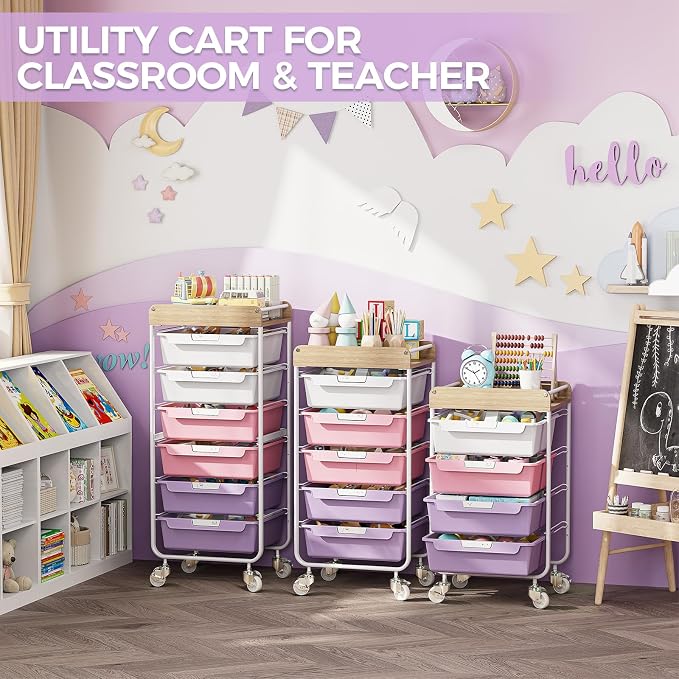 SYKIARIOL Utility Cart with 5 Labeling Drawers and Wooden Tabletop – Rolling Storage Cart for Crafters, Artists, Kids, Teachers, and Students – Organize Arts, Crafts, Sewing & Study Supplies
