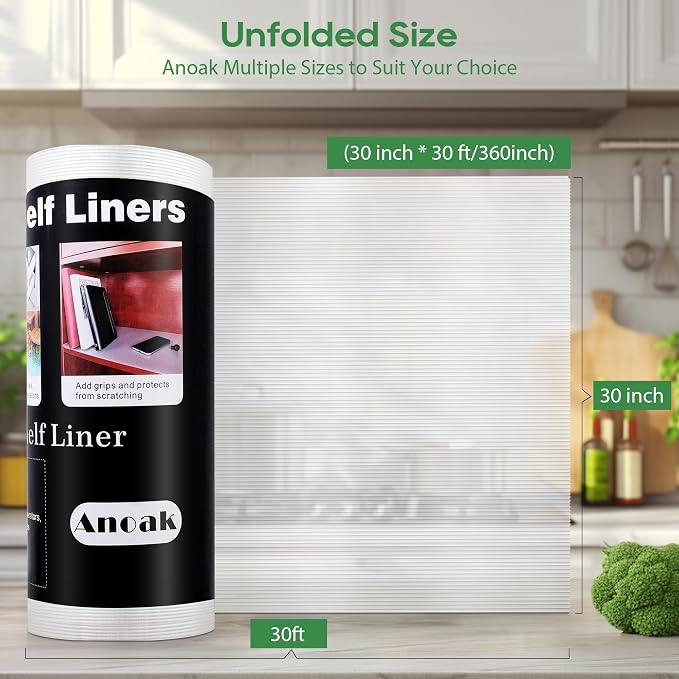 Anoak Shelf Liner - Non-Slip Cabinet Liner, 30 Inch x 30 FT(360 Inch) Durable Waterproof Washable Oil-Proof for Kitchen Cabinet, Shelves, Refrigerator, Storage, Desks, Non Adhesive