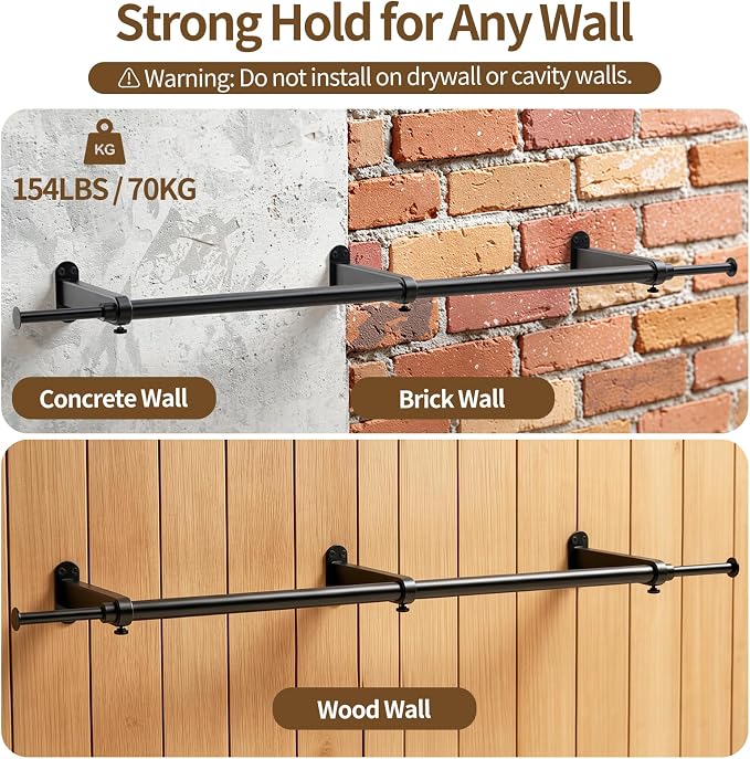Luxspire Wall Mounted Clothes Rack, Industrial Pipe Clothing Rack, 41" Heavy Duty Extendable Iron Garment Bar, Multi-Purpose Hanging Rods for Clothes Bedroom, Laundry Room, Closet 1 Pack, Black