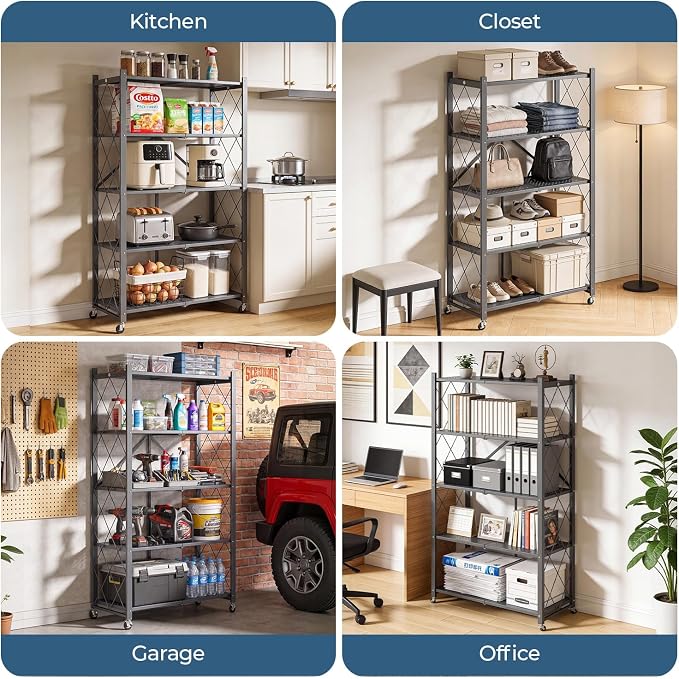 Upgraded 18% Thickened Portable 5-Tier Foldable Storage Shelves with Wheels Heavy Duty Storage Shelf Collapsible Shelves Unit Display for Garage Storage Kitchen Pantry & Closet Organizer