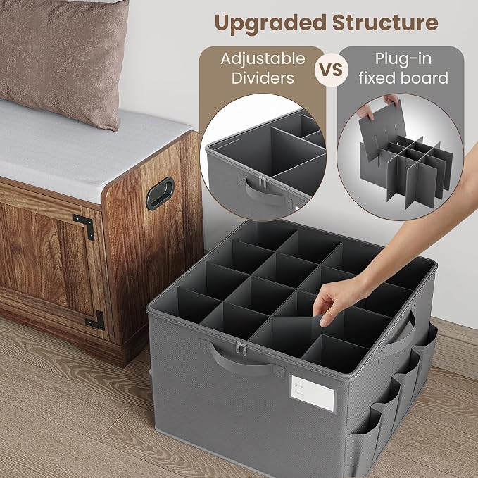 Varhomax Shoe Organizer Box 2 Pack for Closet, Fabric Shoe Storage Bin with Adjustable Dividers & Clear Cover, Holds up 16-32 Pairs of Sneakers & Sandals for Entryway, Cubby (Gray)