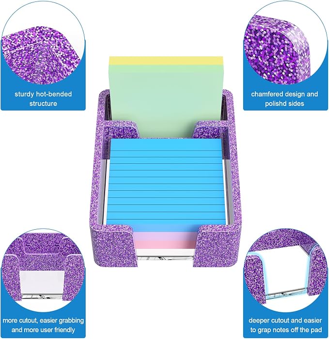 WINFFOR Acrylic Notepad Holder Dispenser - 3x3 in 2IN1 Sticky Note Memo Holder for Desk Organizer (W/O Pads) Office Desk Accessories School Supplies, Glitter Purple