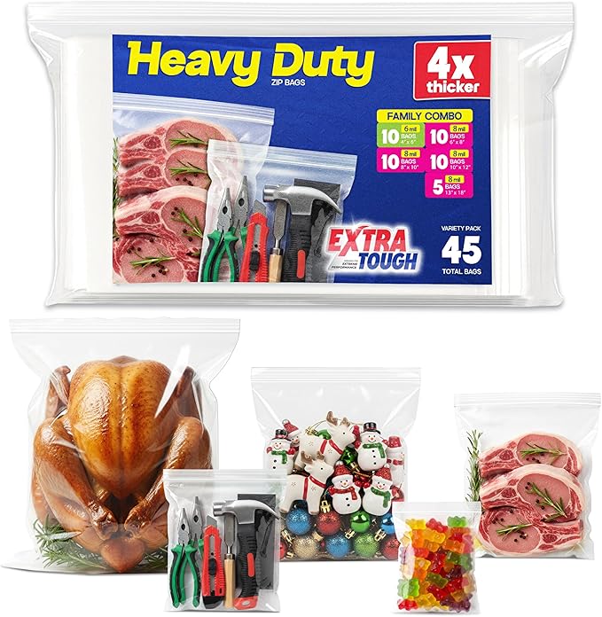 5 Sizes Heavy Duty Zip Seal Lock Snack Sandwich Gallon Storage Bag Variety Pack, Multisizes 6–8 Mil Thick Reusable Poly, Freezer Bags, 45 Count