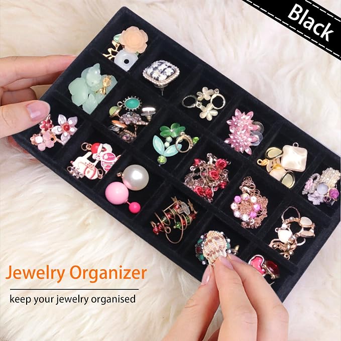 12 Pcs Velvet Jewelry Tray Stackable Jewellery Organier Trays Earrings Necklace Rings Storage Box Jewelry Drawer Display Case for Bracelet Earring Watch Accessories with Removable Dividers, Black