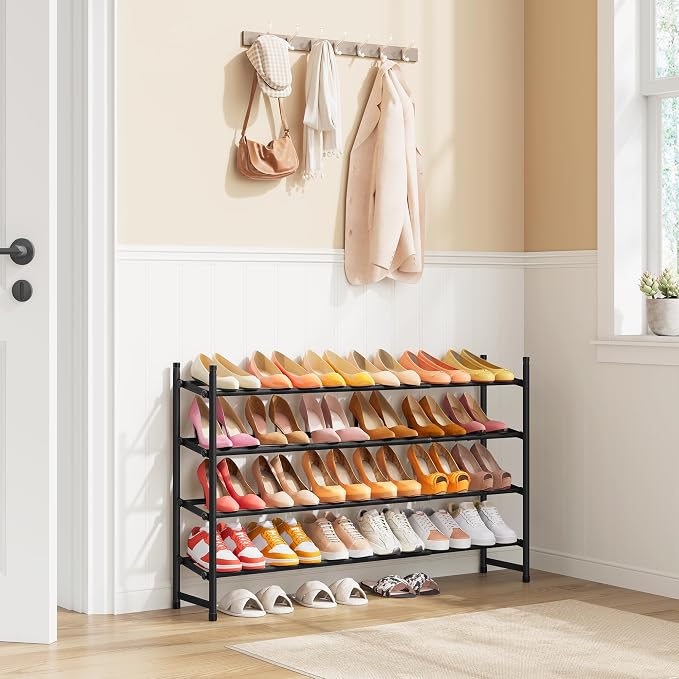 Tajsoon Expandable Shoe Rack for Closet 4 Tier, 29“-41“Adjustable & Stackable Shoe Shelf Storage, Metal Shoe Rack Organizer for Front Door Entrance, Closet, Garage, Entryway, Black