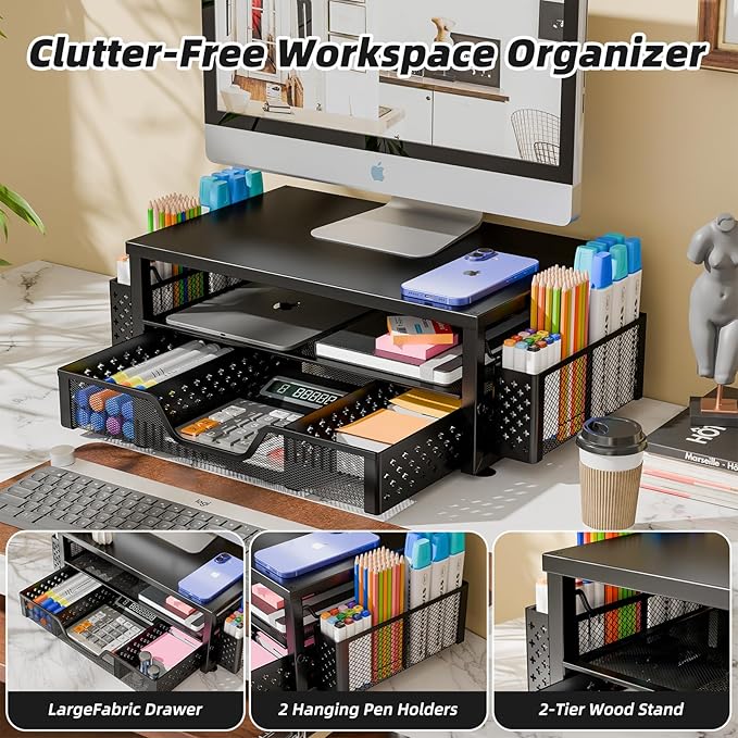 Simple Trending 2-Tier Monitor Stand Riser, Drawer & 2 Pen Holders, Black | Sturdy Material