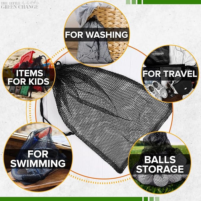 Small Mesh Bags Drawstring, 11.8"x7.48", 10 Pack, Nylon (Black), Reusable | Small Net Bag; Lightweight, Breathable; for Travel, Gym, Swimwear, Laundry, Sports, Beach Gear, Camping & Daily Organization