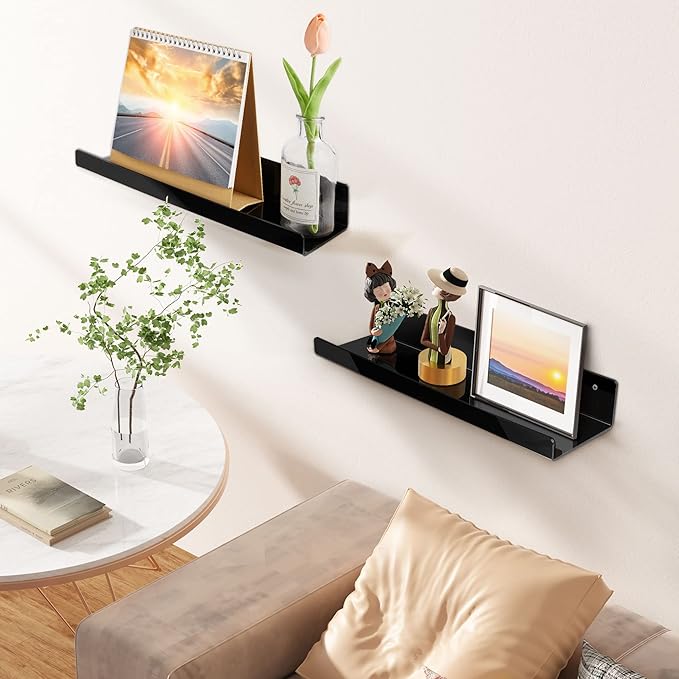 upsimples 4 Pcs 15" Acrylic Shelves for Wall Organize and Display, Black | Cute Floating Shelf for Perfume, Skincare, Nail Polish, Wall Organizer for Bedroom, Living Room, Playroom, Room Décor