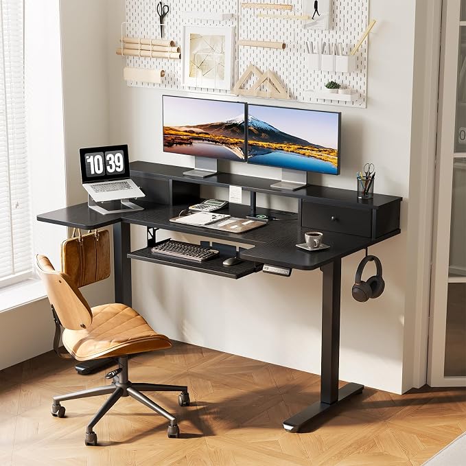 OffiGo 55 Inch U Shape Standing Desk with Keyboard Tray & Drawers, Black | 3 Outlets & 2 USB Ports, Dual-Monitor Stand, 10 Colors & 10 LED Modes, 3 Presets, 28.3"-46.5"in Range, 154 lb Capacity