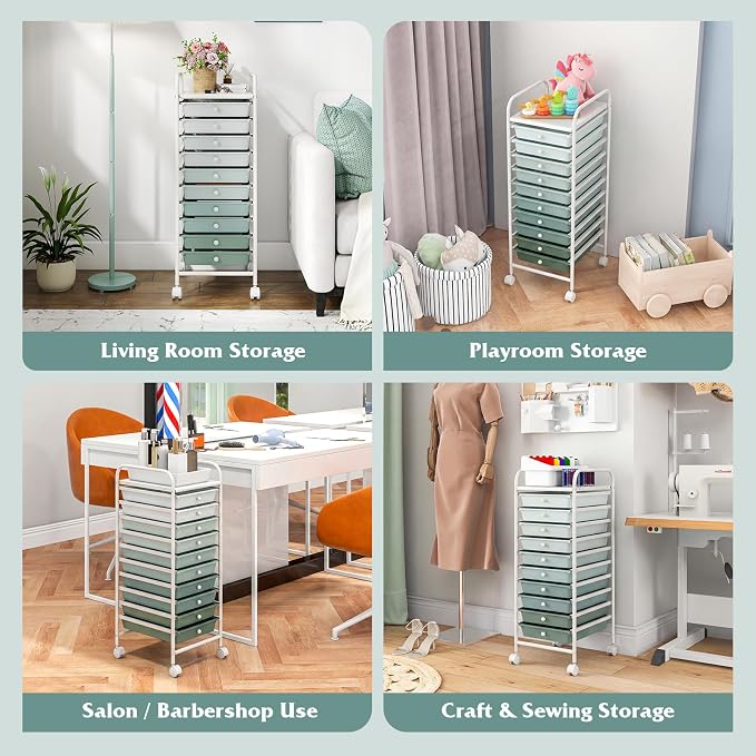 LDAILY 10-Drawer Rolling Storage Cart, Rolling Storage Cart, Storage Organizer on Wheels, Metal Frame, Scrapbook Paper Tools, Suitable for Office School, Classroom (Gradient Green, 10 Drawer)