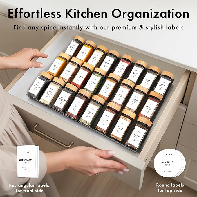 EDELHAUS Glass Spice Jars with Label, 24x Bamboo Wooden Lids - White Labels | Airtight Lids keep spices fresh, Kitchen Spice Drawer Organizer, 4oz Seasoning Containers incl. Funnel, Brush & 240 Labels