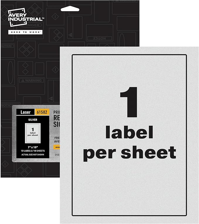 Avery Printable Reflective Stickers, 7" x 10", Silver Labels, 10 Blank Sign Decals (61582)