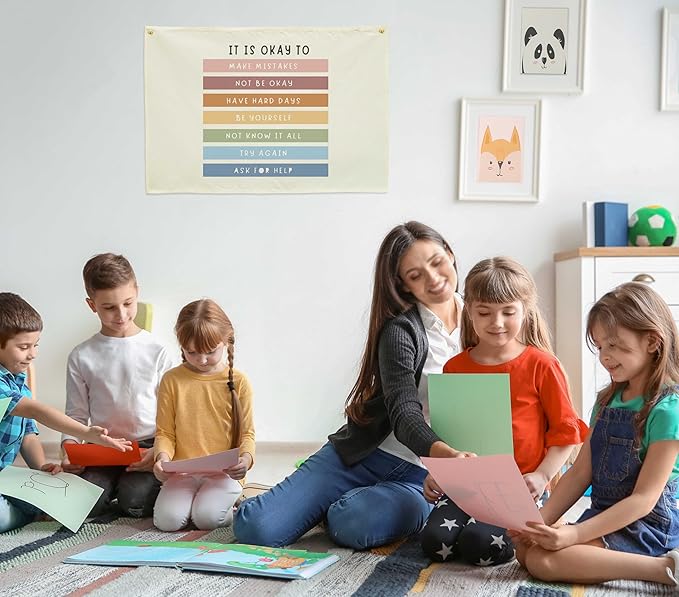 Classroom Wall Banner Decor-Teacher Gift-Inspirational Back to School Wall Art Flag Decor-It is Okay to Make Mistakes-Hanging Canvas Banner for Classroom Reading Corner Homeschool Teacher Office