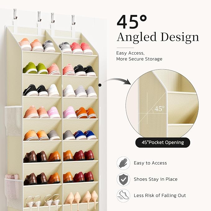 Criusia Over the Door Shoe Organizer, 20-30 Pairs Heavy-Duty Hanging Shoe Storage with Large Pockets, 10-Tier Door Shoe Rack with 4 Hooks for Sneakers Sandals Heels Boots (Beige)