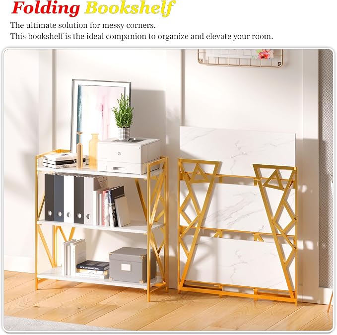 UDD No Assembly Wide Folding Bookshelf, 34" H x 30.9" W, 3 Tier Foldable Book Shelf Industrial Bookcase, Vintage Collapsible Storage Shelves for Home Office Living Room Bedroom, White Gold